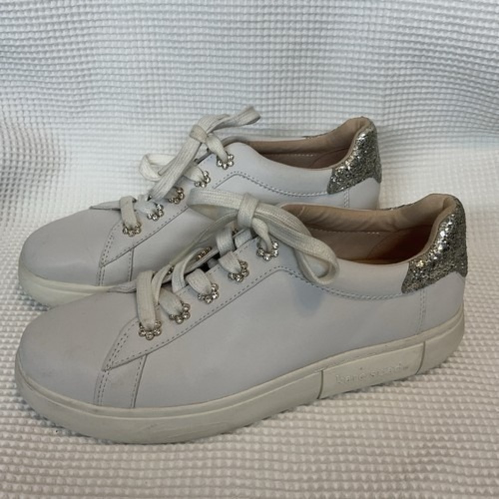 Kate Spade New York White Gold Logo Low Top Lace Up Sneakers Women 8B Vietnam